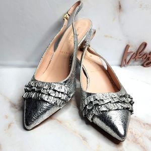 Kate spade oliene silver open back kitty heels new